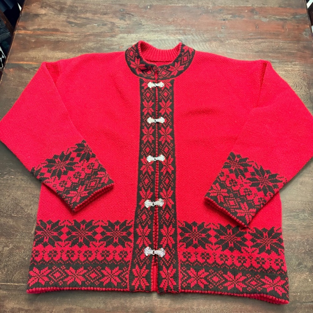 Vintage Norwegian Red Fair Isle Cardigan Sweater Metal Clasps Nordic Winter XL - Picture 4 of 10